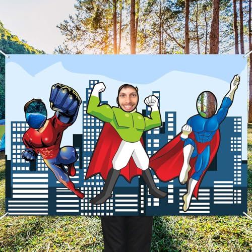 Superhero Photo Banner Backdrop Background Large Hero Face Photo Booth Props Fun Party Superhero Theme Decor for Birthday ...