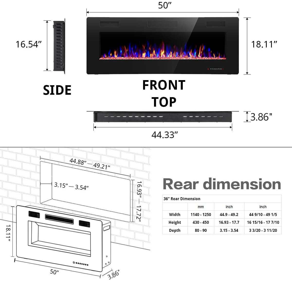 R.W.FLAME Electric Fireplace 50 inch Recessed and Wall Mounted,The Thinnest FireplaceLow Noise, Fit for 2 x 6 Stud, Remote Control with Timer,Touch Screen,Adjustable Flame Colors and Speed
