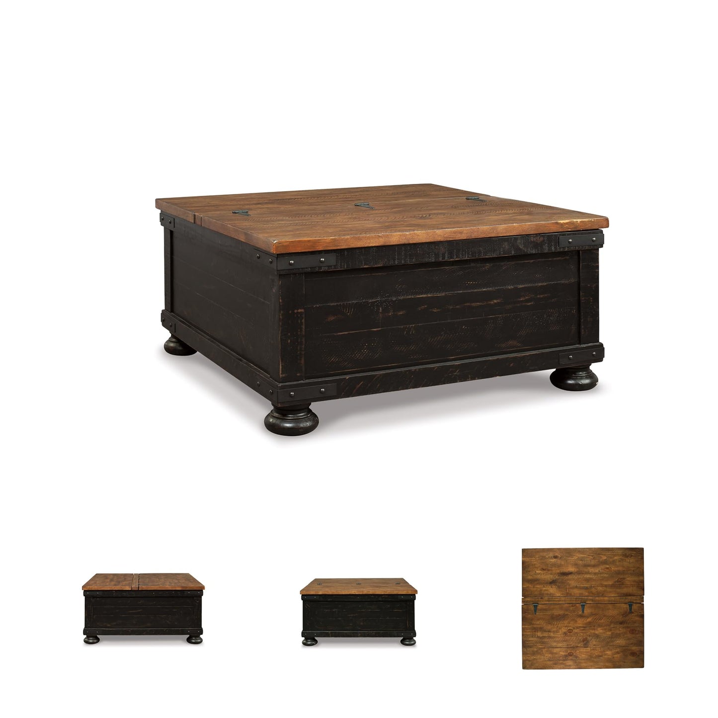 Signature Design by Ashley Valebeck Lift Top Coffee Table, Storage, Split-top Design, Wood, 36" W x 36" D x 18" H, 2-tone Distressed Brown & Black Finish