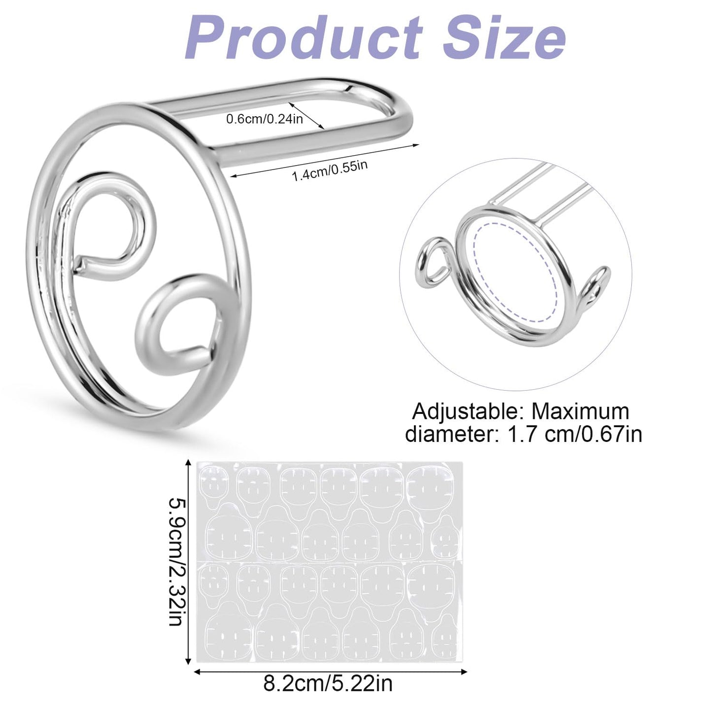 20pcs Wudu Nail Rings, Adjustable Metal Finger Nail Rings for Women with 120pcs Adhesive Tabs Reusable Detachable Fingernail Jew