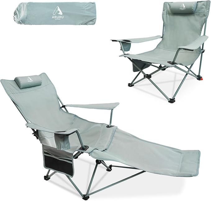 ARURU 2-in-1 Reclining Camping Chair, Portable Folding Beach Lounge Chair with Footrest & Adjustable Backrest, Comfortable...