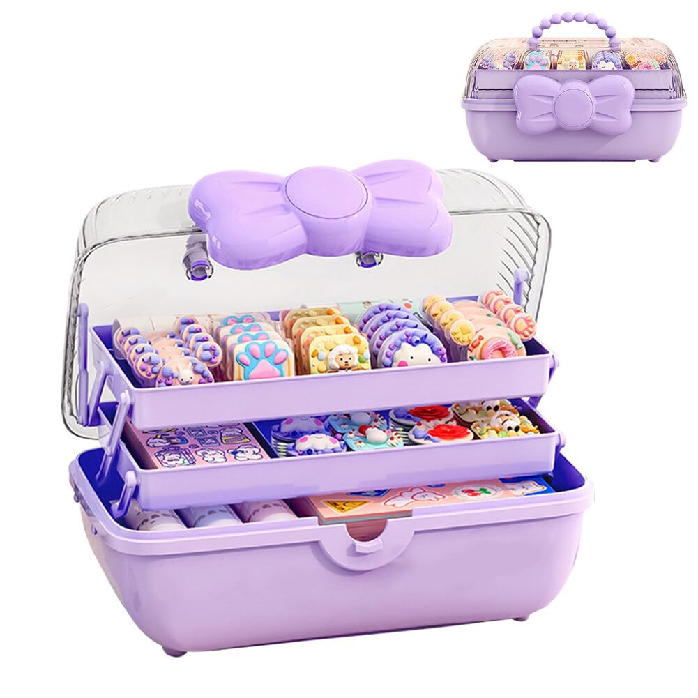 UEncounter 3-Layer Kids Hair Accessories Organizer with Bowknot Lock Cute Jewelry Box Headband Hair Tie Clip Organizer Box for Little Girls - Purple