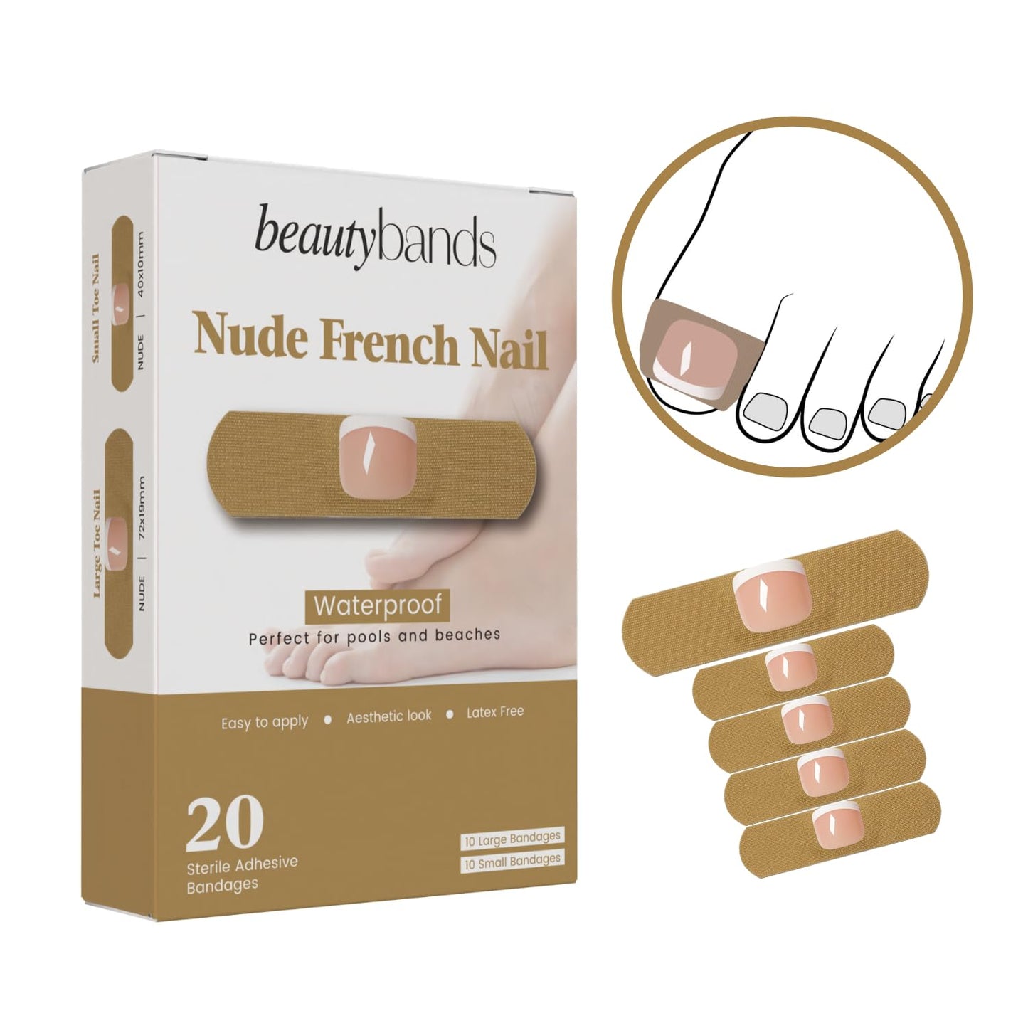 BeautyBands Toe Nail Cover Up Bandages for Unsightly, Broken or Cracked Toenails | Waterproof & Sterile Fake Nail Protector (Nude French)