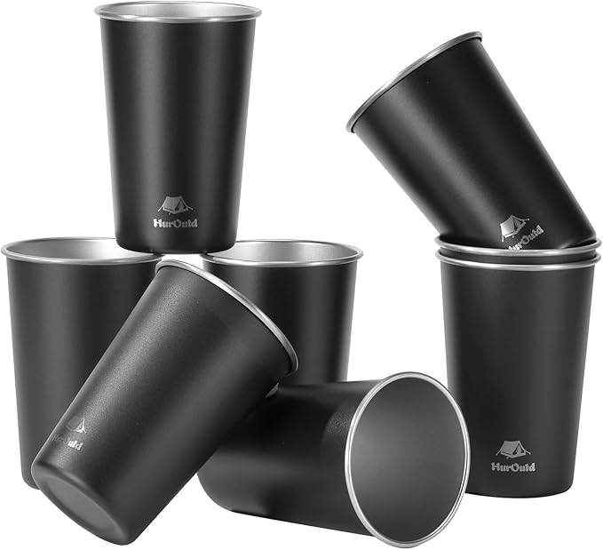 HurOutd 8 Pack Stainless Steel Cups 16oz -Black Stackable Metal Drinking Glasses for Camping, Travel, Shatterproof Tumblers