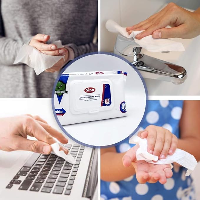 SIPA Hand Sanitizing Wipes 50 WIPES Bag, Clean-to-go, Travel Size, Fresh Scent, Soft Textured Wipes, Total 600 Pieces (PACK OF 12)