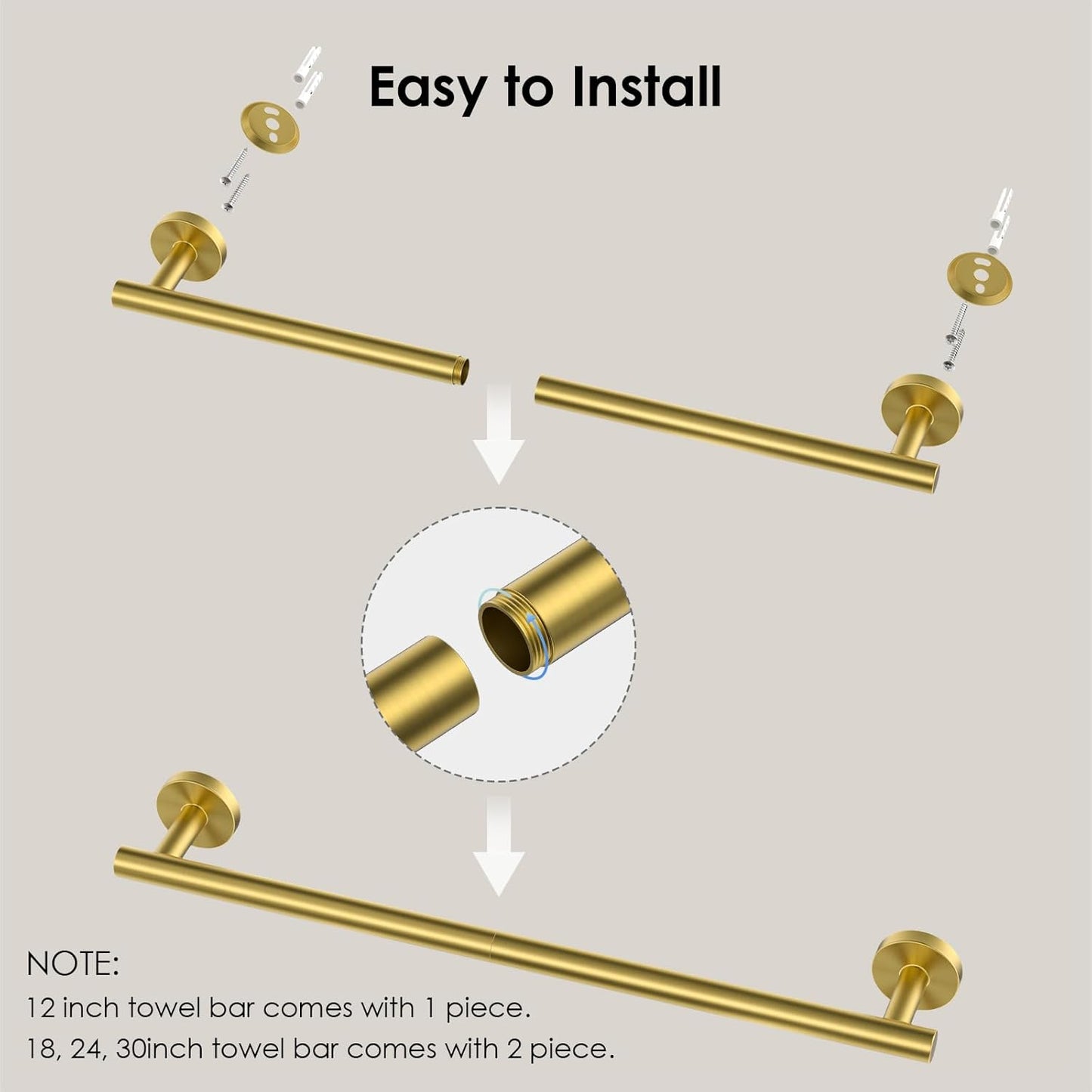 FORIOUS Towel Bar Wall Mounted, Stainless Steel Towel Racks for Bathroom, Includes Wall Mounting Hardware (Brushed Gold, 20 Inch)