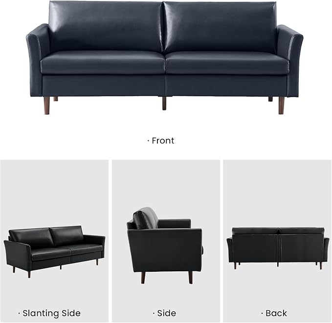 Kingfun Faux Leather 3 Seat Couch for Living Room, Mid Century Modern Sofa with Rolled Arms and Deep Seats, Fluffy Comfort for Apartment, Easy to Assemble, Blue