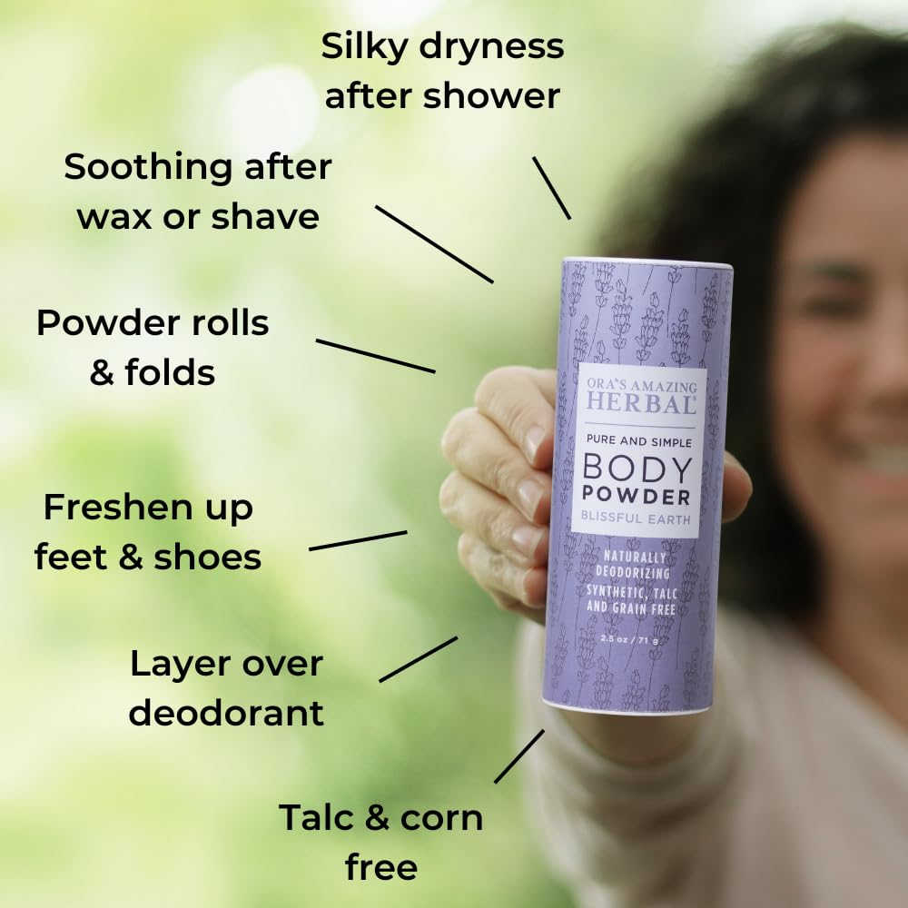 Ora's Amazing Herbal Talc Free Body Powder for Women, Cornstarch Free Talcum Dusting, Grounding Relaxation Scent, Essential Oils Lavender, Vetiver, Clary Sage, Blissful Earth 2.5 oz