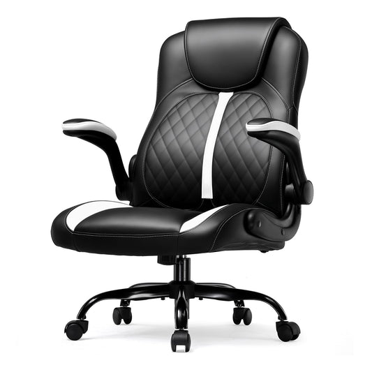 GTPLAYER Office Computer Gaming Chair Ergonomic Desk Chair for Adults with Lumbar Support Flip-Up Arms Adjustable Height Swivel Wheels PU Leather Executive Design for Short People Use, White