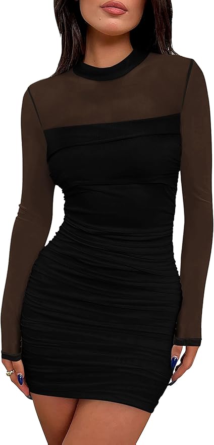 WIHOLL Women's Mesh Sheer Long Sleeve Ruched Mini Dress Sexy Bodycon Mock Neck Cocktail Party Club Dresses 2025