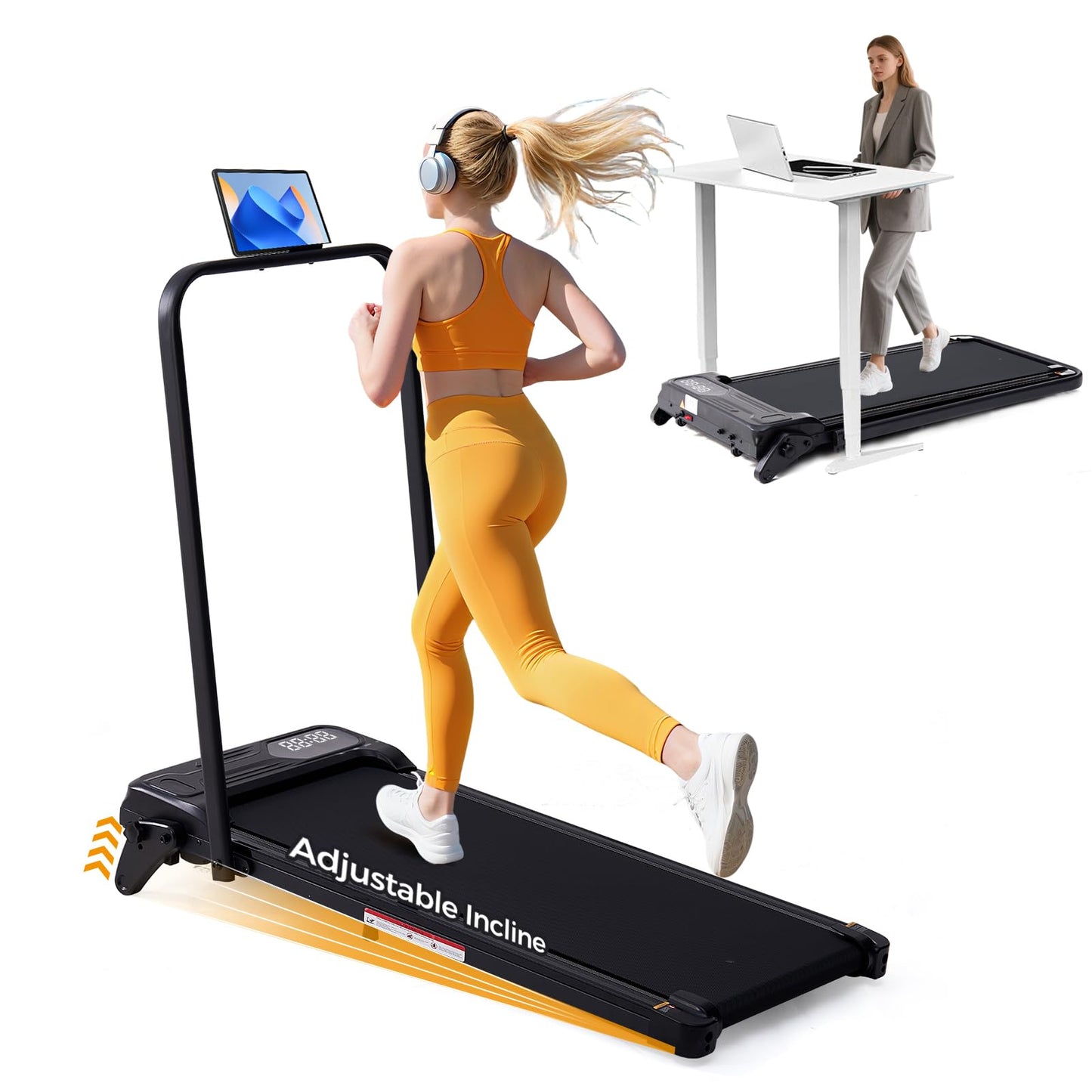 Folding Foldable Walking Pad Treadmill with Handle Bar and Adjustable Incline, 3.5HP Portable Electric Treadmills with Handles for Home Small, Home Treadmills with Incline, 0.6-7.6MPH, 350LBS