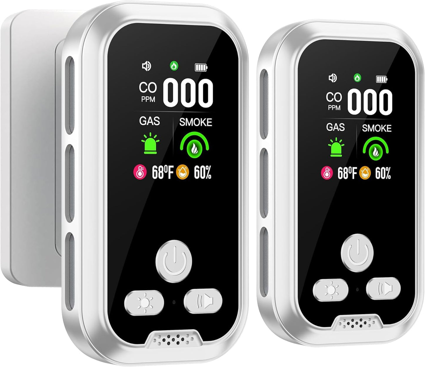 HAKINAKU 2Pack 5IN1 Plug in Smoke & Carbon Monoxide Detector & Combustible Natural Gas Combination Builti-in Backup Battery HD Screen [Smoke Gas CO Temp Humidity Sensor] for Home Hotel Travel (White)