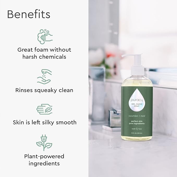 Puracy Organic Hand Soap, For the Professional Hand Washers We've All Become, Moisturizing Natural Gel Hand Wash Soap, Liquid Hand Soap Refills for Soft Skin (12 fl.oz, Cucumber & Mint) 2-Pack