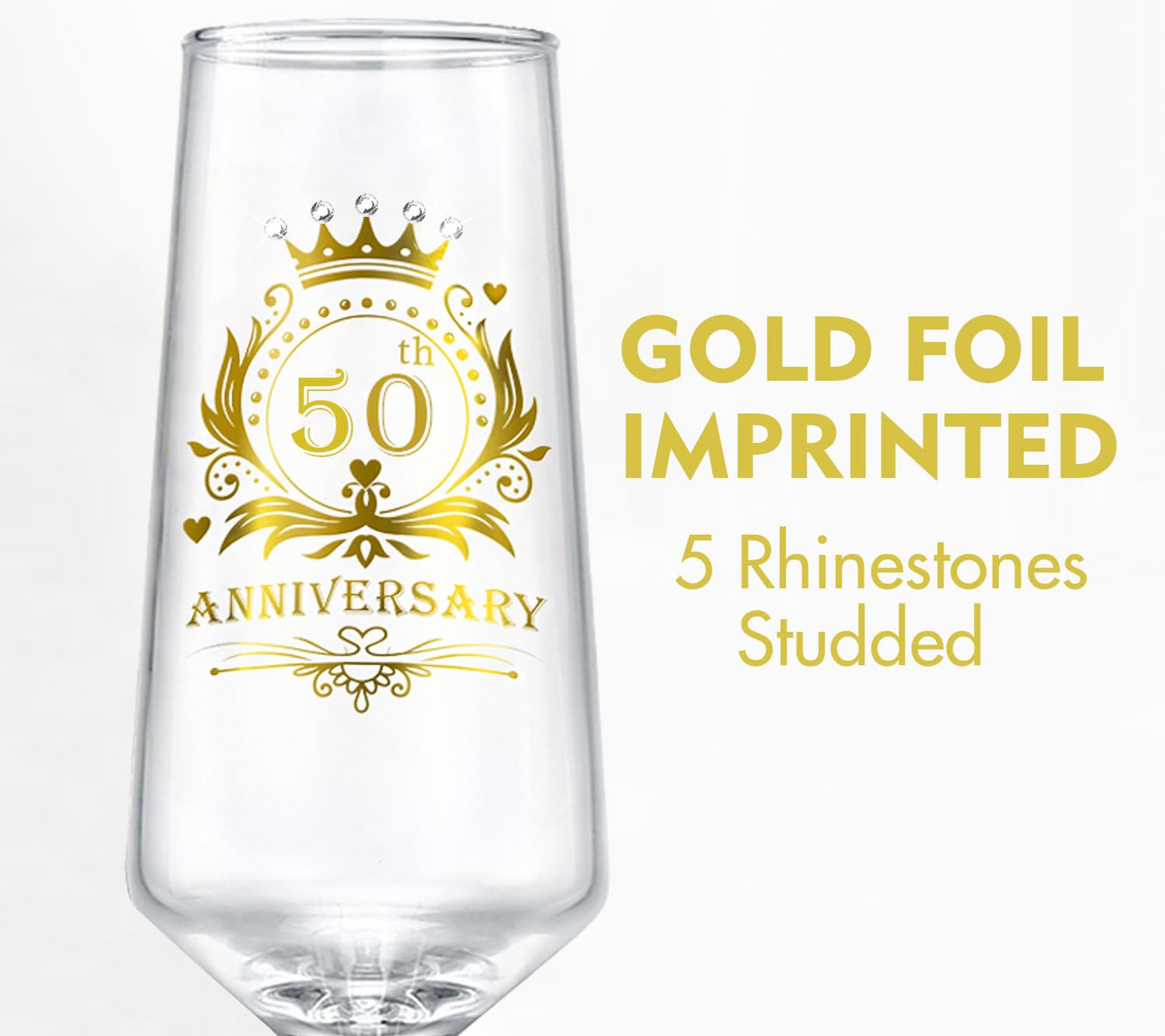 ROXBURGH 50th Wedding Anniversary Champagne Flutes Present Rhinestones Studded, 50th Anniversary Decorations 7 OZ Crystal Champagne Glasses Set of 2, Wedding Present, Couples