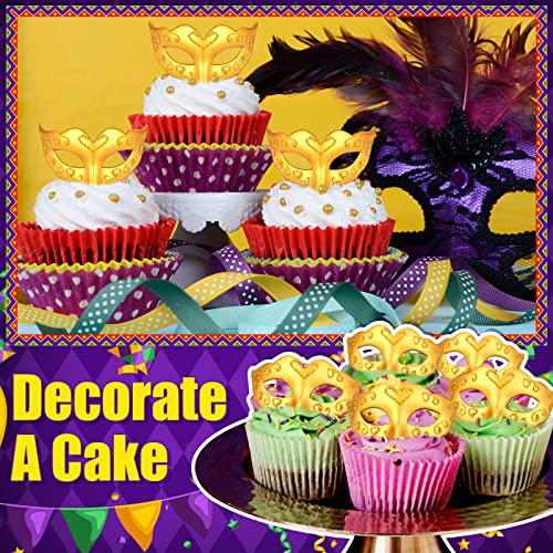 24 Pcs Mini Masks Masquerade Small Masquerade Mask Cake Toppers Decorative Mardi Gras Venetian Party Decoration(Gold)