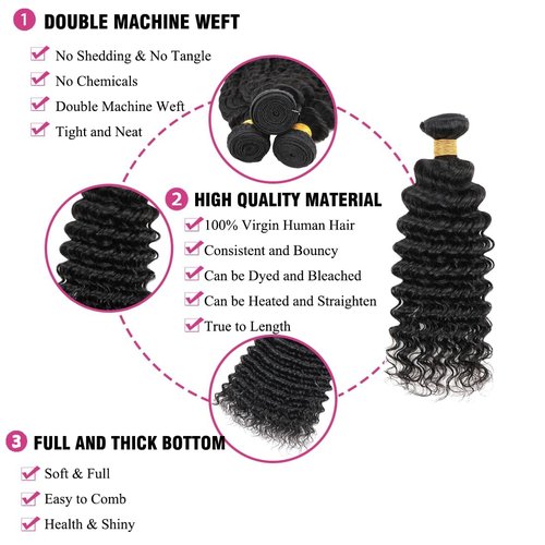 Condescension Brazilian Human Hair Bundles 16 18 20 Inch Deep Wave 3 Bundles Human Hair 100% Unprocessed Remy Brazilian Virgin Weave Hair Natural Black for Women