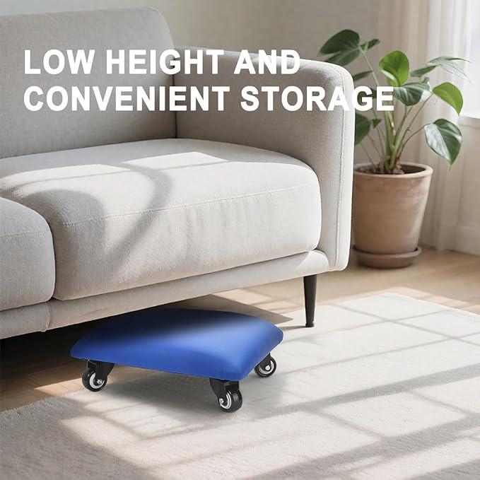 FLOLXNB Low Height Rolling Stool Low Roller Seat PU Leather Square Roller Seat Stool Low Rolling Chair for Home Office Fitness Garage (Blue)