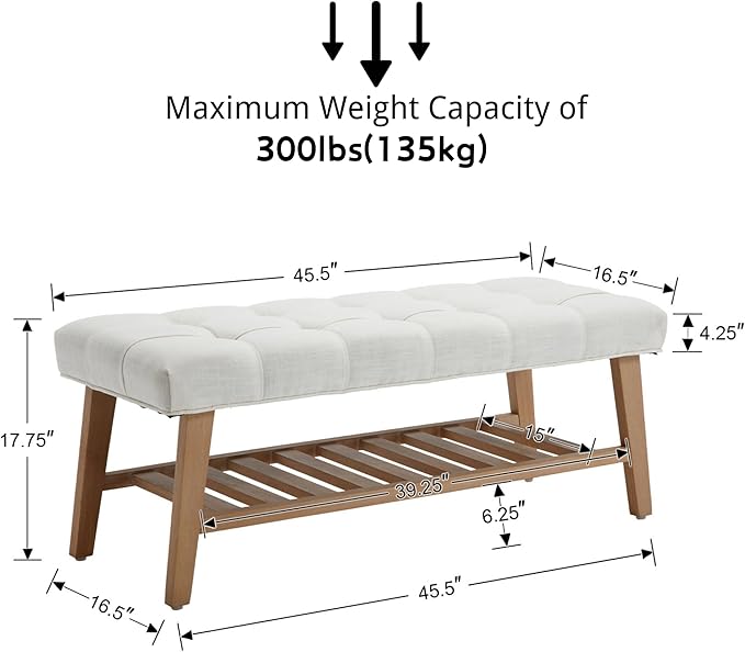 Janoray Entryway Shoe Bench Storage Benches with Upholstered Button Tufted Seat and Open Slatted Shelf Linen Shoe Rack for Hallway Living Room Bedroom End of Bed, Beige