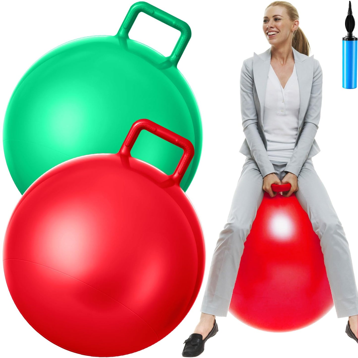 Lewtemi 2 Pcs 31 Inch Big Hopper Ball Jumping Hopping Inflatable Bouncing Ball with Handle and Air Pump for Adults Carnival Outdoor Sports Game(Red, Green)