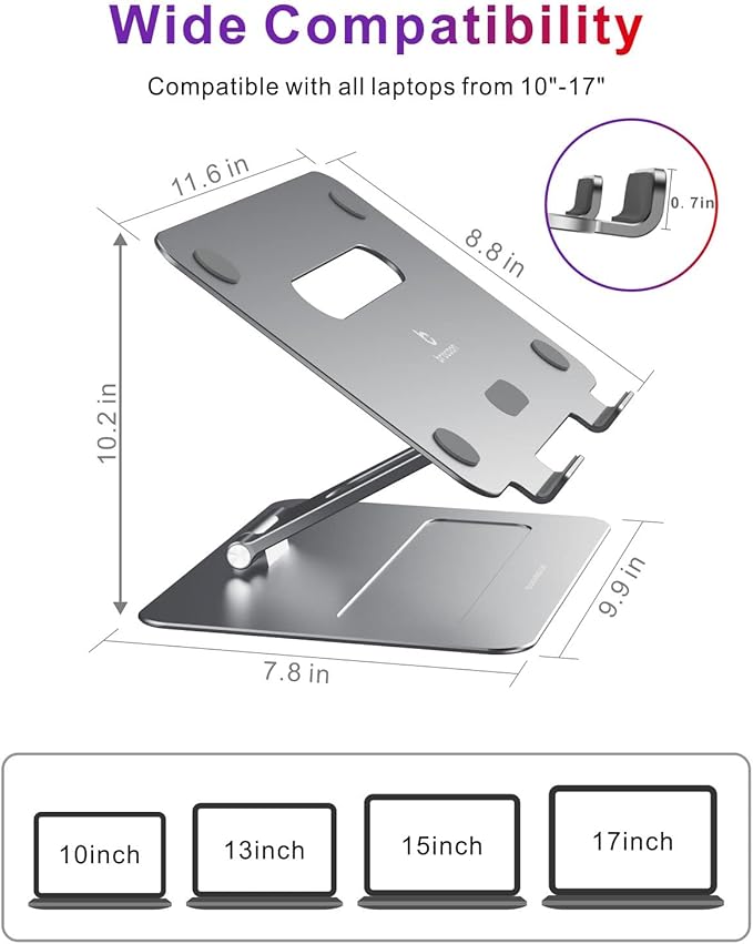 brocoon Adjustable MacBook Laptop Stand for Desk | Ergonomic Aluminum Laptop Riser with Heat-Vent, Compatible for 10-17" Laptops, Space Grey