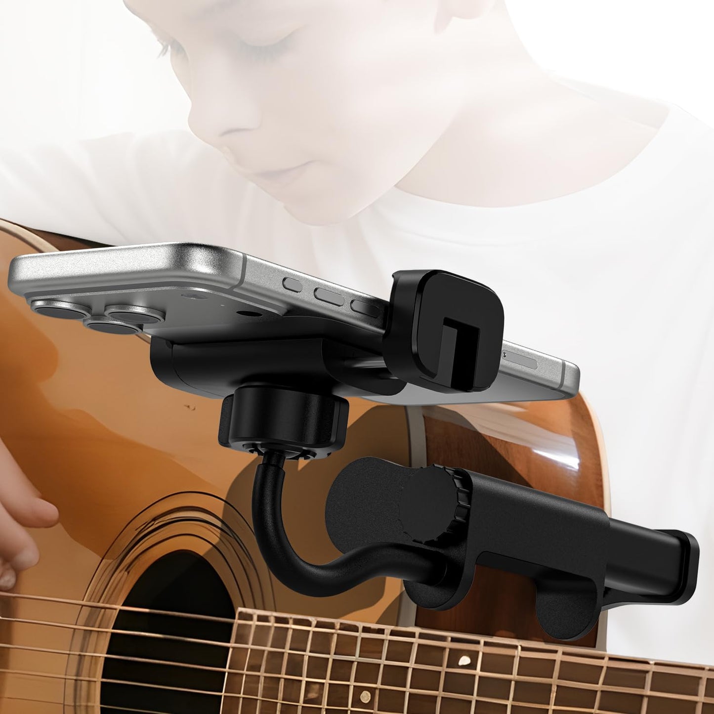 ALAFLY Guitar Phone Holder for Guitars/Ukulele/Bass/Electric Guitar, Adjustable Rotatable Guitar Clip Designed for Guitar Player
