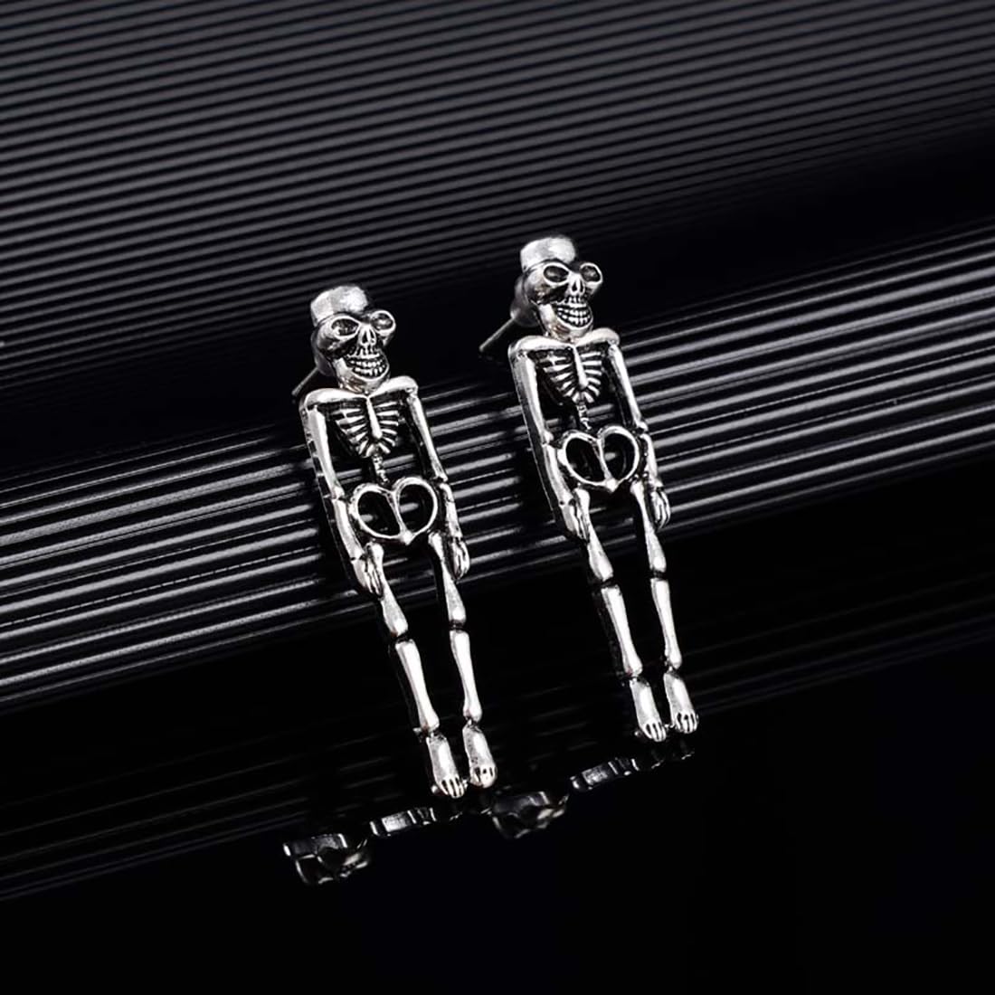 Gothic Skull Earrings Punk Skeleton Groom Bride Front Back Stud Earrings Halloween for Women Girl (Silver)