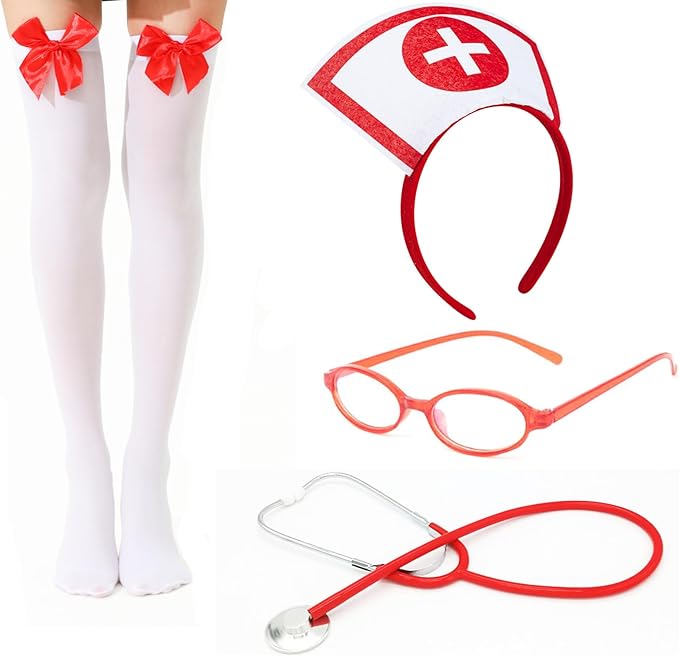 YosiMing Nurse Costume Accessories Halloween Women Red Nurse Hat Headband Glasses Stethoscope High Sock for Halloween Cosp...