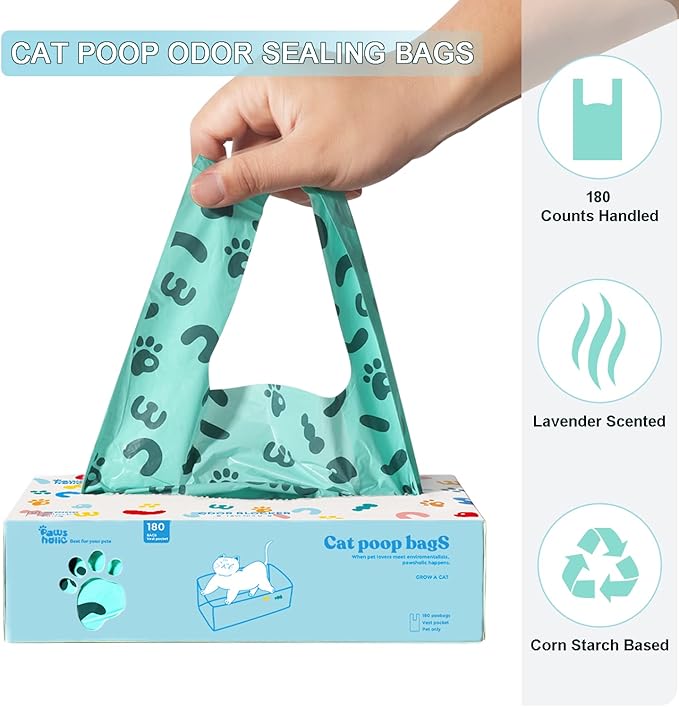 Poop Bags for Dog and Cat with Handle- 180 Counts, Unscented,Corn Starch Based Extra Thick and Guaranteed Leak Proof Dog Poop Bags and kitty litter Disposal Bags