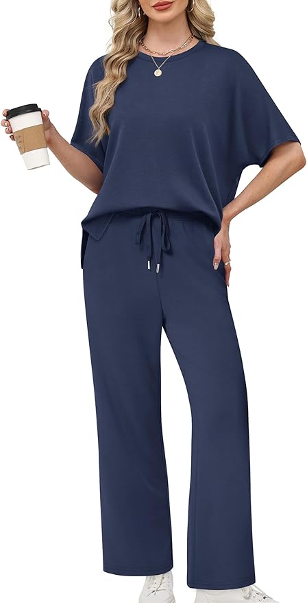 XIEERDUO Women's Side Slit Lounge Sets 2 Piece Travel Outfits Airport Tracksuit Oversized Wide Leg Loungewear S-3XL