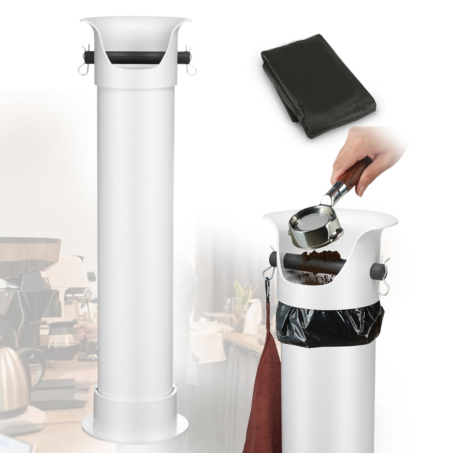 CURTA Espresso Coffee Knock Box with Garbage Bags(30Pcs), Commercial Knock Box for Coffee Grounds, Coffee Shop Kitchen Bar, White, Extra Large Collection Dump Bin