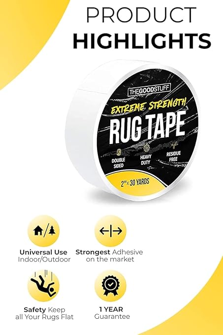 The Good Stuff Double Sided Carpet Tape [2 Inch x 10 yd] Secure Area Rugs to Carpets, Laminate, and Hardwood Floors, Easy to Remove and Restick Without Residue or Damage to Rug or Floor
