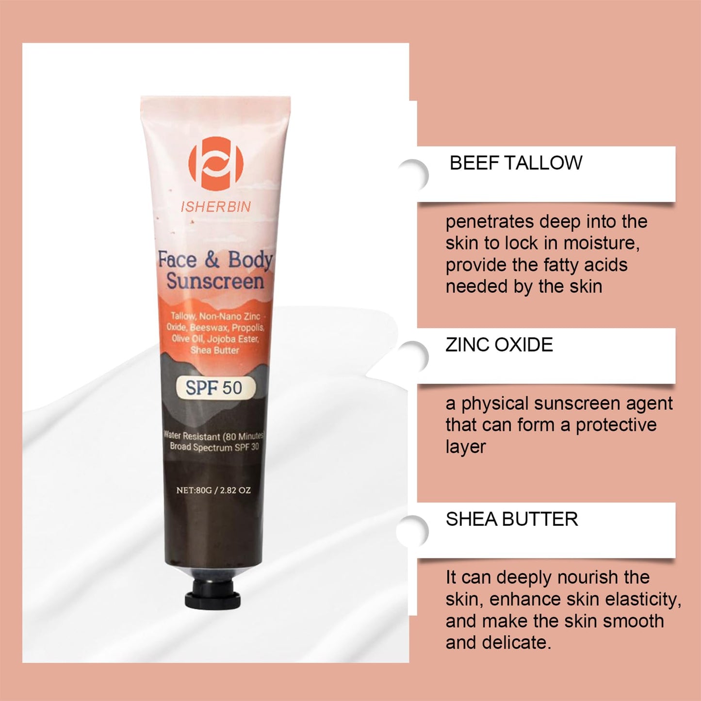 Natural Mineral Sunscreen SPF 50 - Natural Tallow & Zinc Oxide, Beef Tallow Sunscreen for Face & Body SPF 50, Moisturizing Hydra