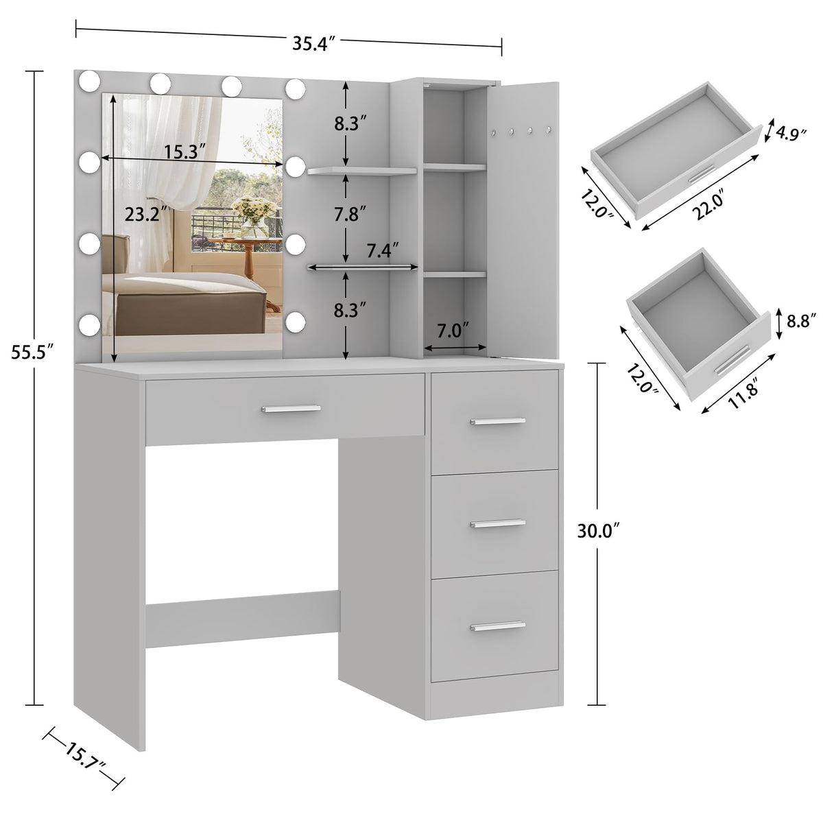 usikey Makeup Vanity with Lights, Vanity Desk with Mirror and 10 LED Lights, Vanity Table Set with 4 Drawers, Cabinet & 4 Necklace Hooks, Dressing Table for Bedroom, Grey
