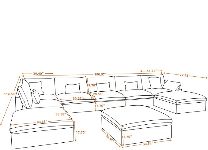 WJShome Cloud Couch for LivingRoom,190" U Shaped Modular Sectional Sofa with Ottoman,Down Filled 9 Seater Convertible Sleeper Sofa Bed Oversized Furniture Sets,Black