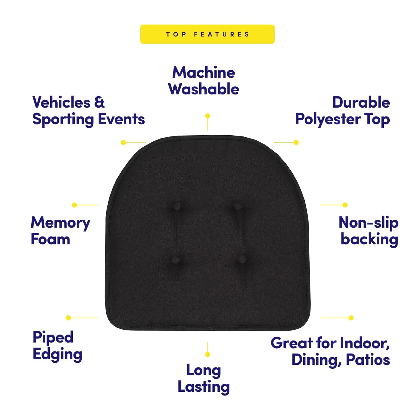 Sweet Home Collection Chair Cushion Memory Foam Pads Tufted Slip Non Skid Rubber Back U-Shaped 17" x 16" Seat Cover, 12 Count (Pack of 1), Black