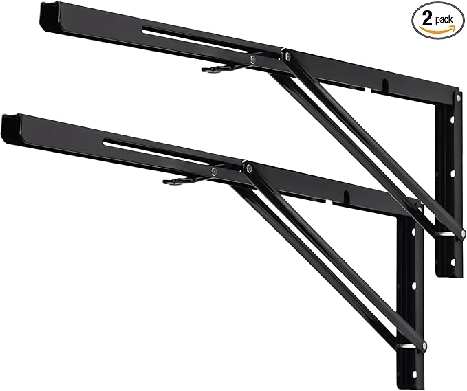 YUMORE Folding Shelf Brackets, 24 Inch Heavy Duty L Bracket, Black DIY Collapsible Shelf Bracket for Workbench Folding Tab...