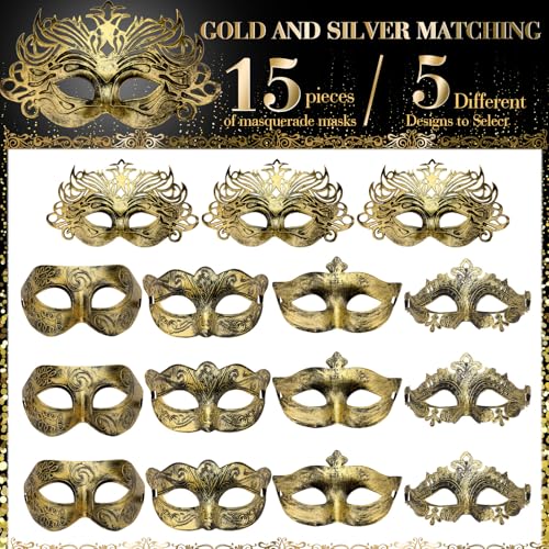 Yunsailing 15 Pcs Masquerade Masks Venetian Antique Masks with Strap for Women Men Carnival Prom Party