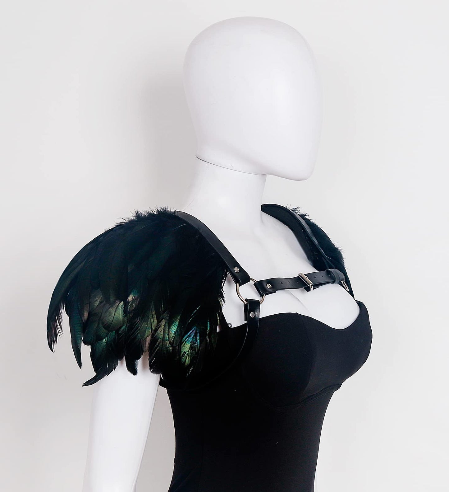 Joukavor Medieval Natural Feather Epaulet Shrug Shoulder Strap with PU Leather Halloween Harness Costume for Women(Black-1)