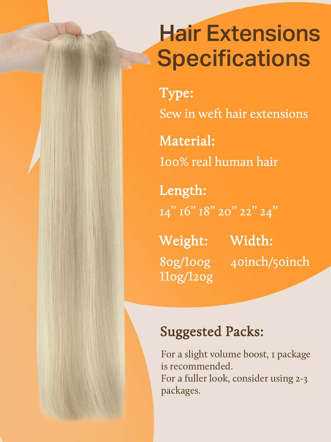 DOORES Sew in Hair Extensions Real Human Hair, Ash Blonde Highlighted Platinum Blonde 14 Inch 80g, Hand Tied Weft Extensions