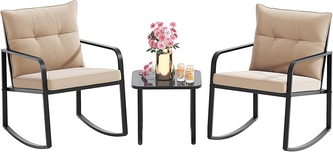 Gizoon 3 Piece Rocking Bistro Set, Black Steel Patio Furniture, Porch Chairs Conversation Set with Glass Coffee Table, Back Cushion, for Balcony, Garden, Pool, Backyard, Beige