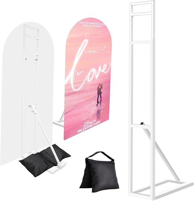 Yudlto 1 Pack White Wedding Backdrop Stand, Adjustable Metal Arch with Foldable Base and Weight Bag, Foam Board Display fo...