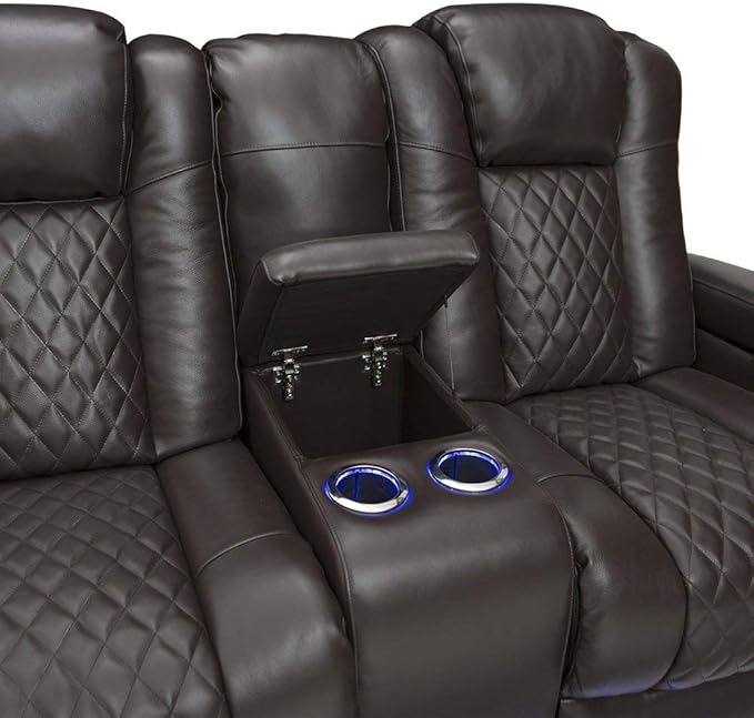 Seatcraft Anthem Italian Leather Sofa w/Fold-Down Table & Loveseat w/Storage Console, Living Room, Power Headrest, Power Recline, Brown