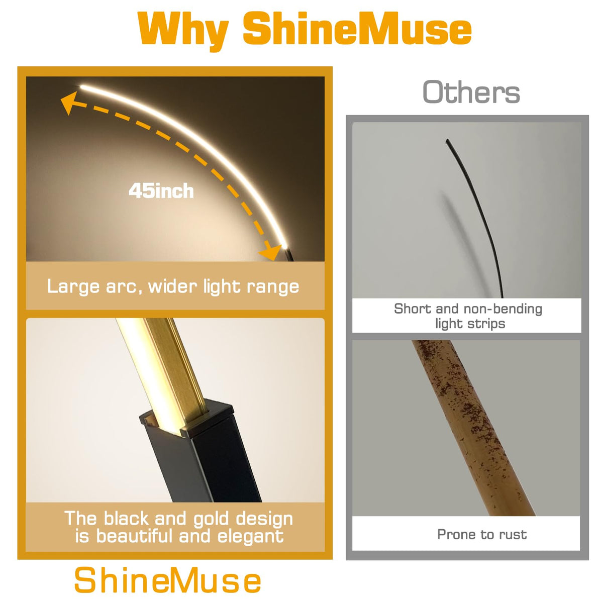 ShineMuse Modern LED Arc Floor Lamp Dimmable,Black Gold Arched Floor Lamp Standing Lamp with Remote for Living Room Bedroom Office Corner
