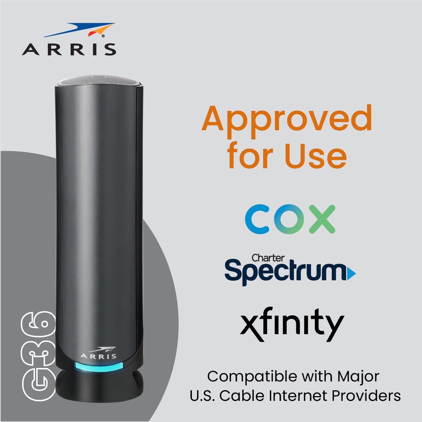ARRIS (G36) - Cable Modem Router Combo - Fast DOCSIS 3.1 Multi-Gigabit WiFi 6 (AX3000), Approved for Comcast Xfinity, Cox, Spectrum & More, 1.2 Gbps Max Speeds, 2x2 OFDM