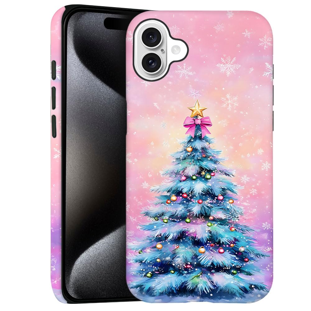 DJSOK Compatible with iPhone 16,Frosted PC Anti-Scratch Shockproof Case - Christmas Tree Pink
