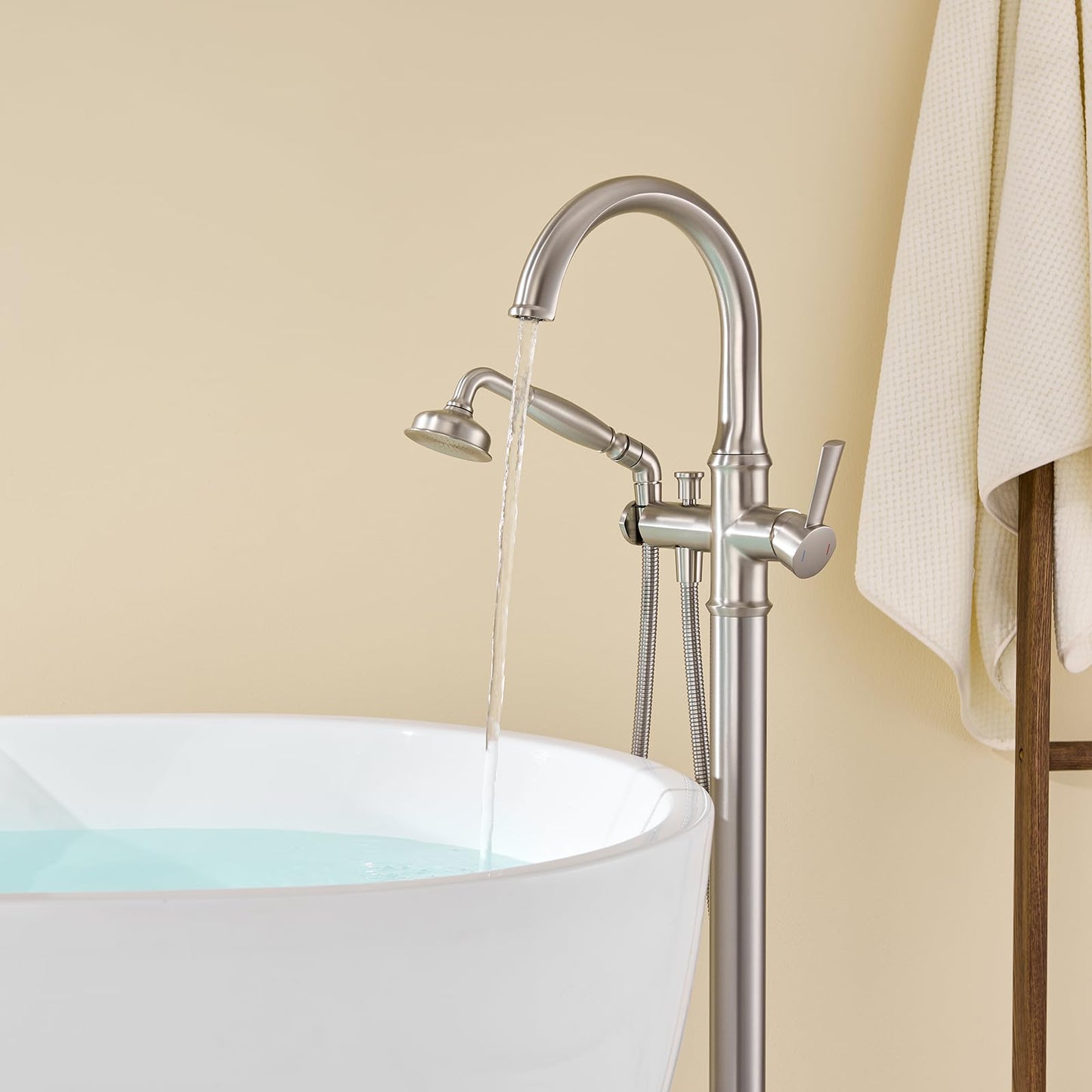 Wowkk Freestanding Tub Faucet Floor Mount Tub Filler Brushed Nickel Free Standing Bathtub Faucet Brass Bath Faucet with Hand Shower
