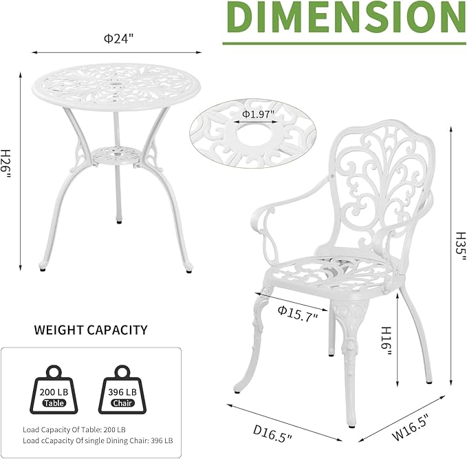 Withniture Patio Bistro Set 3 Piece Cast Aluminum Outdoor Bistro Set, Rust Resistance Bistro Table and Chairs of 2 with Umbrella Hole, Small Patio Set for Garden Outside, White