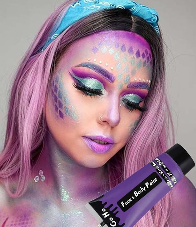 Go Ho Purple Face Body Paint Washable(2.37oz/pc),Full Coverage,Smooth,Water Based Cream Purple Body Paint for SFX Cosplay Costumes Festivals Halloween Ursula Witch Makeup