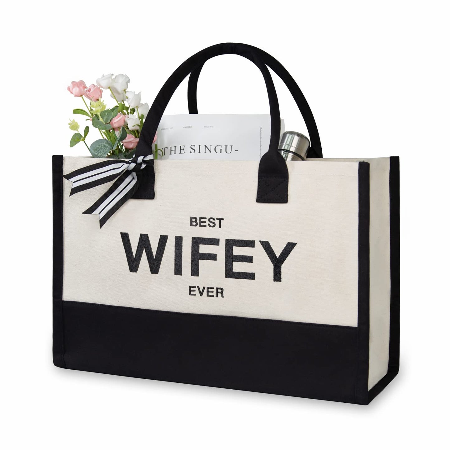 TOPDesign Embroidery Canvas Tote Bag for Women, Gifts for Wife from Husband, Personalized Anniversary Wife's Birthday or Valentine's Day Present, Ideal for Wedding, Beach, Holiday