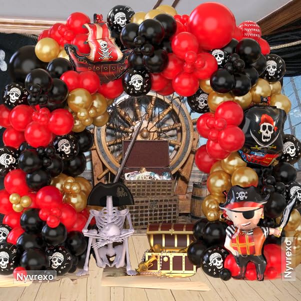 Pirate Birthday Party Decorations, 142Pcs Red Black Metallic Gold Balloon Garland Arch Kit with Pirate Ship Foil Mylar Balloon for Summer Sea Sailing Adventure Ocean Theme Halloween Party